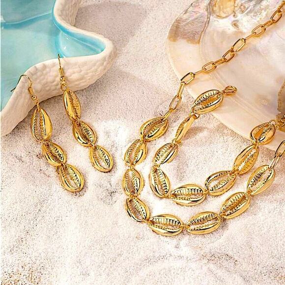 Gold Shell Necklace Bracelet Earrings Set, Gold Plated, Summer Vacation - Picture 2 of 5